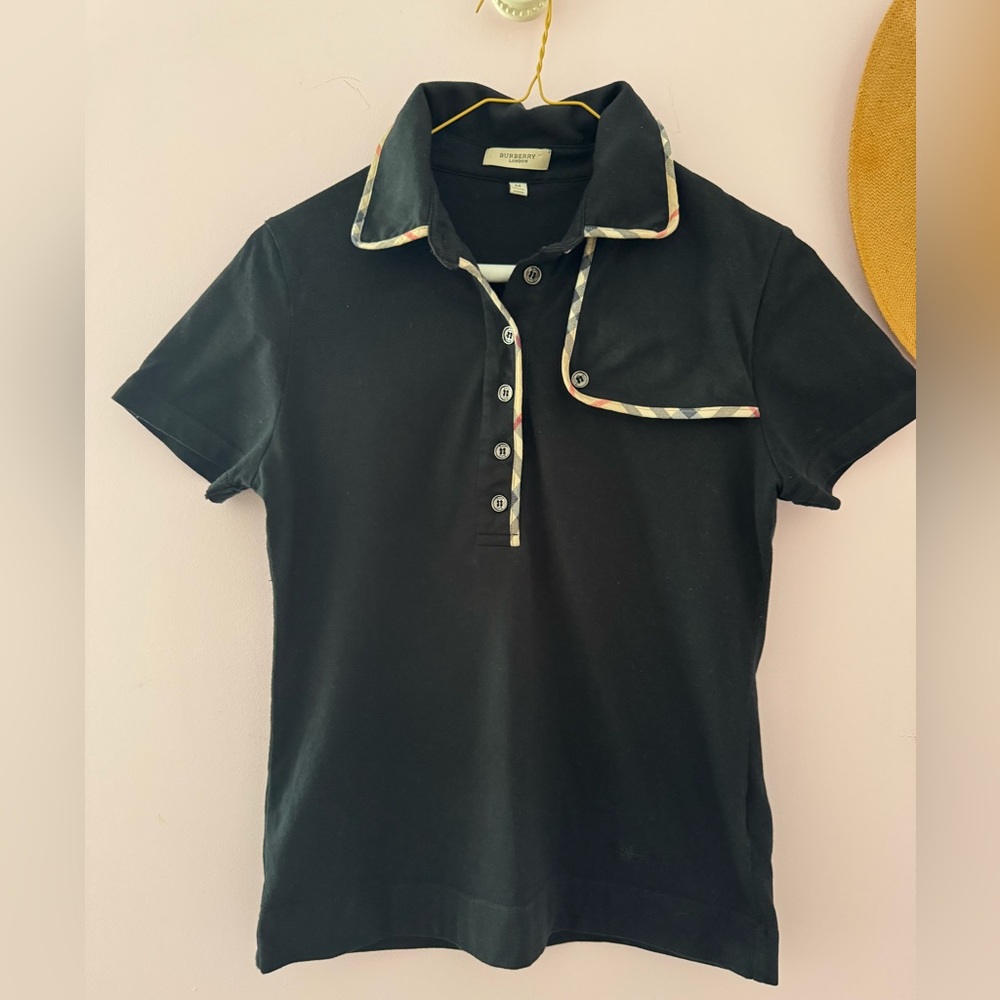 Burberry London Black Classic plaid trimmed polo